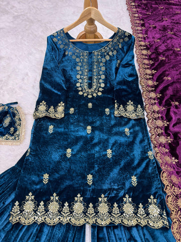 Marriage Wear Sky Blue Color Viscos Velvet And Thread With Sequence Work Designer Sharara Suit