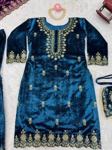 Marriage Wear Sky Blue Color Viscos Velvet And Thread With Sequence Work Designer Sharara Suit