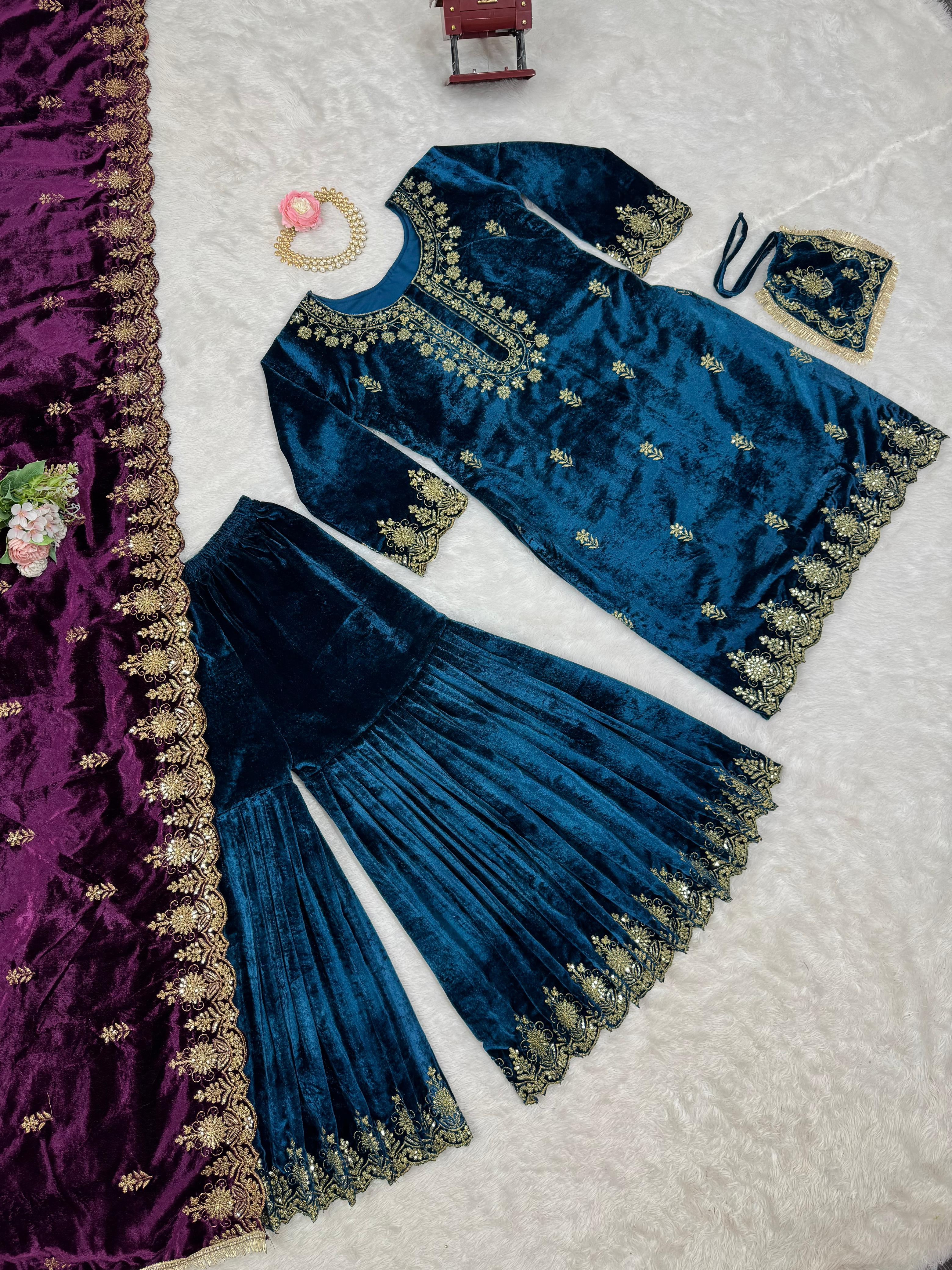 Marriage Wear Sky Blue Color Viscos Velvet And Thread With Sequence Work Designer Sharara Suit