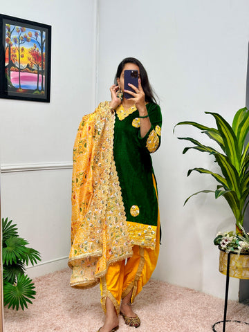 Luxuriant Green And Yellow Color 9000 Velvet Fabric With Embroidered Work Patiyala Suit