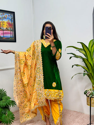 Luxuriant Green And Yellow Color 9000 Velvet Fabric With Embroidered Work Patiyala Suit