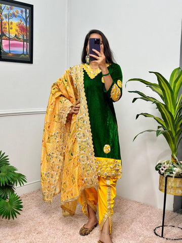 Luxuriant Green And Yellow Color 9000 Velvet Fabric With Embroidered Work Patiyala Suit