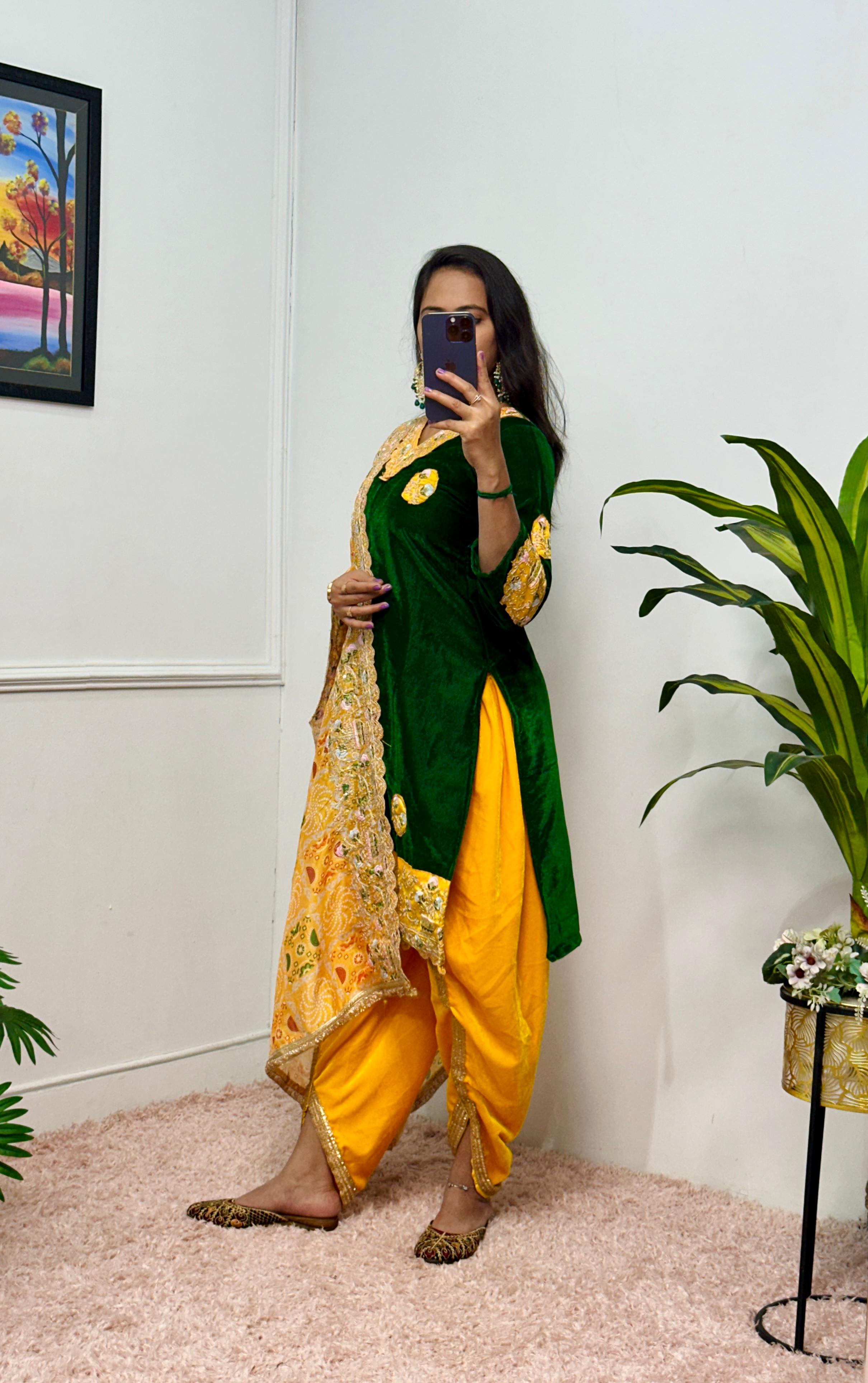 Luxuriant Green And Yellow Color 9000 Velvet Fabric With Embroidered Work Patiyala Suit