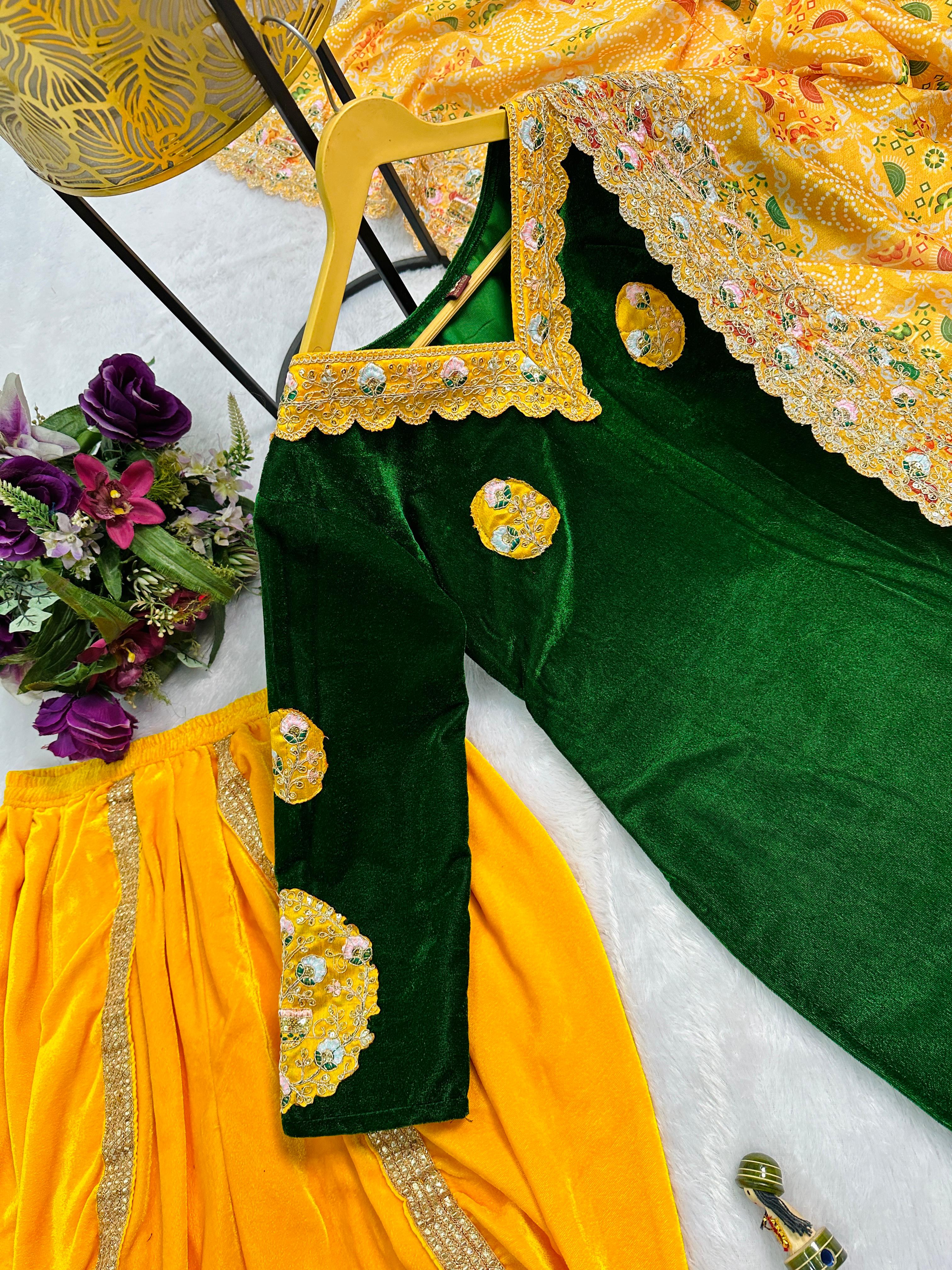 Luxuriant Green And Yellow Color 9000 Velvet Fabric With Embroidered Work Patiyala Suit