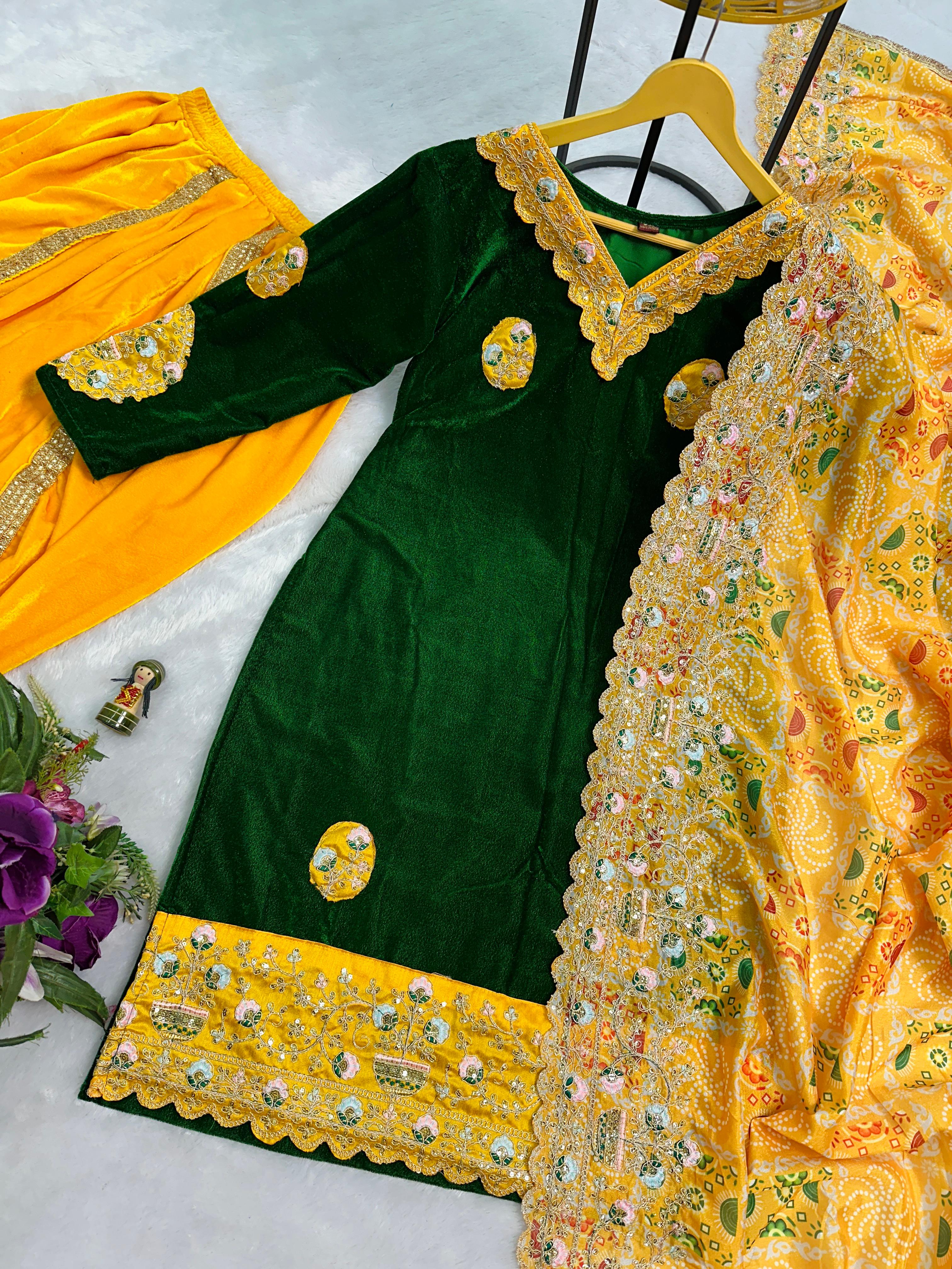 Luxuriant Green And Yellow Color 9000 Velvet Fabric With Embroidered Work Patiyala Suit