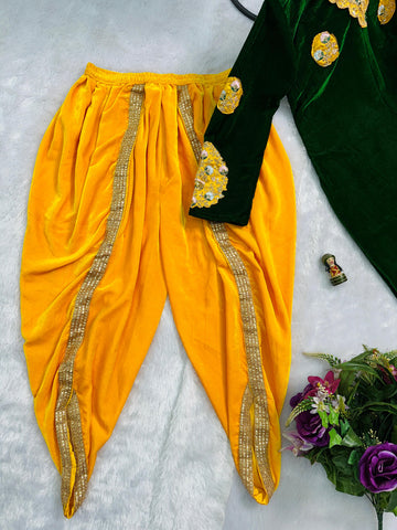 Luxuriant Green And Yellow Color 9000 Velvet Fabric With Embroidered Work Patiyala Suit