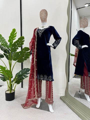 Party Wear Navy Blue Color Viscos Velvet Thread With Sequence Work Salwar Suit