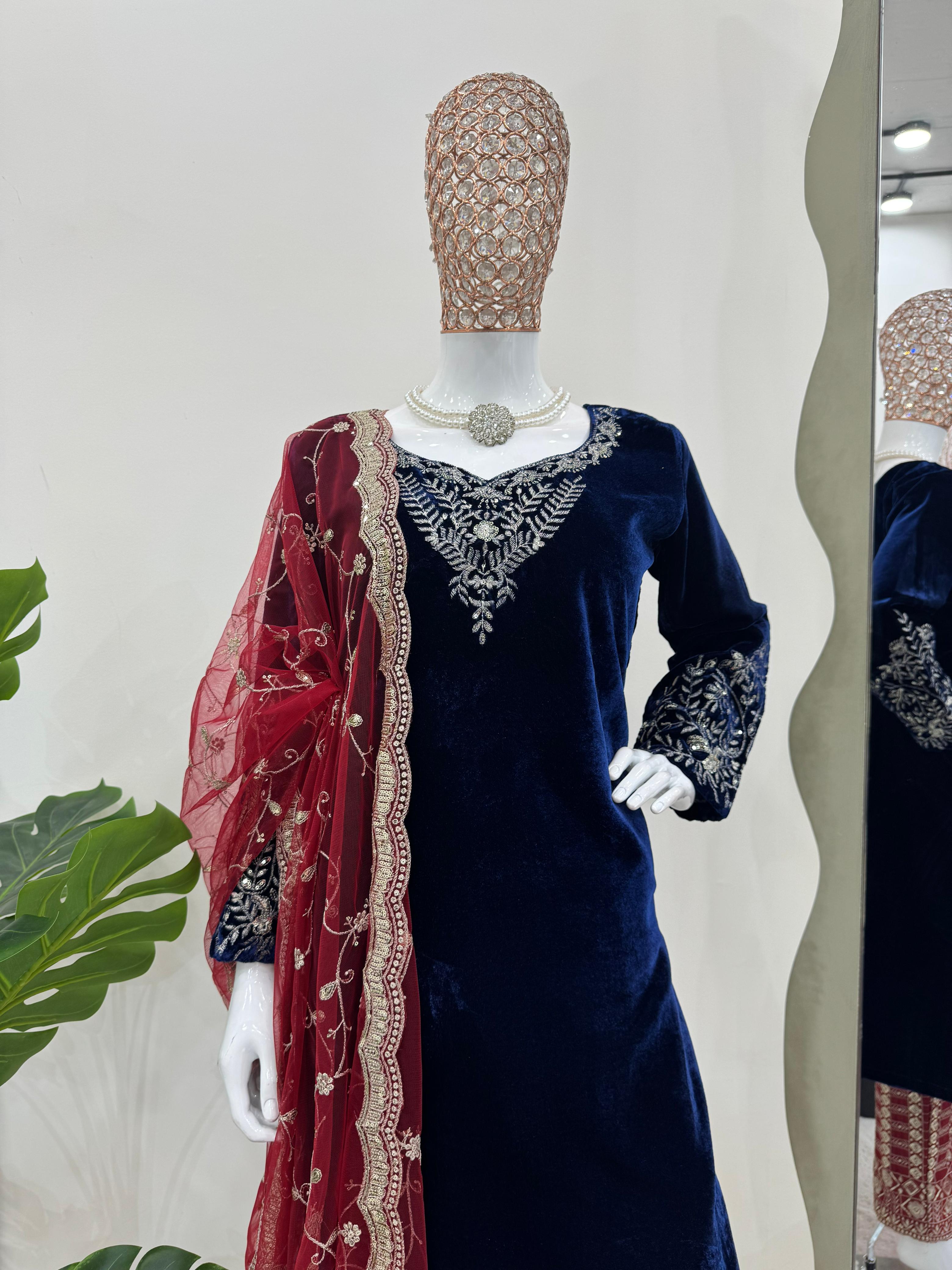 Party Wear Navy Blue Color Viscos Velvet Thread With Sequence Work Salwar Suit