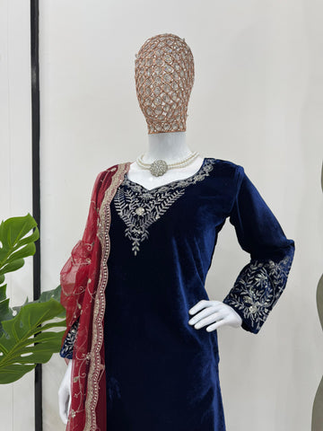 Party Wear Navy Blue Color Viscos Velvet Thread With Sequence Work Salwar Suit