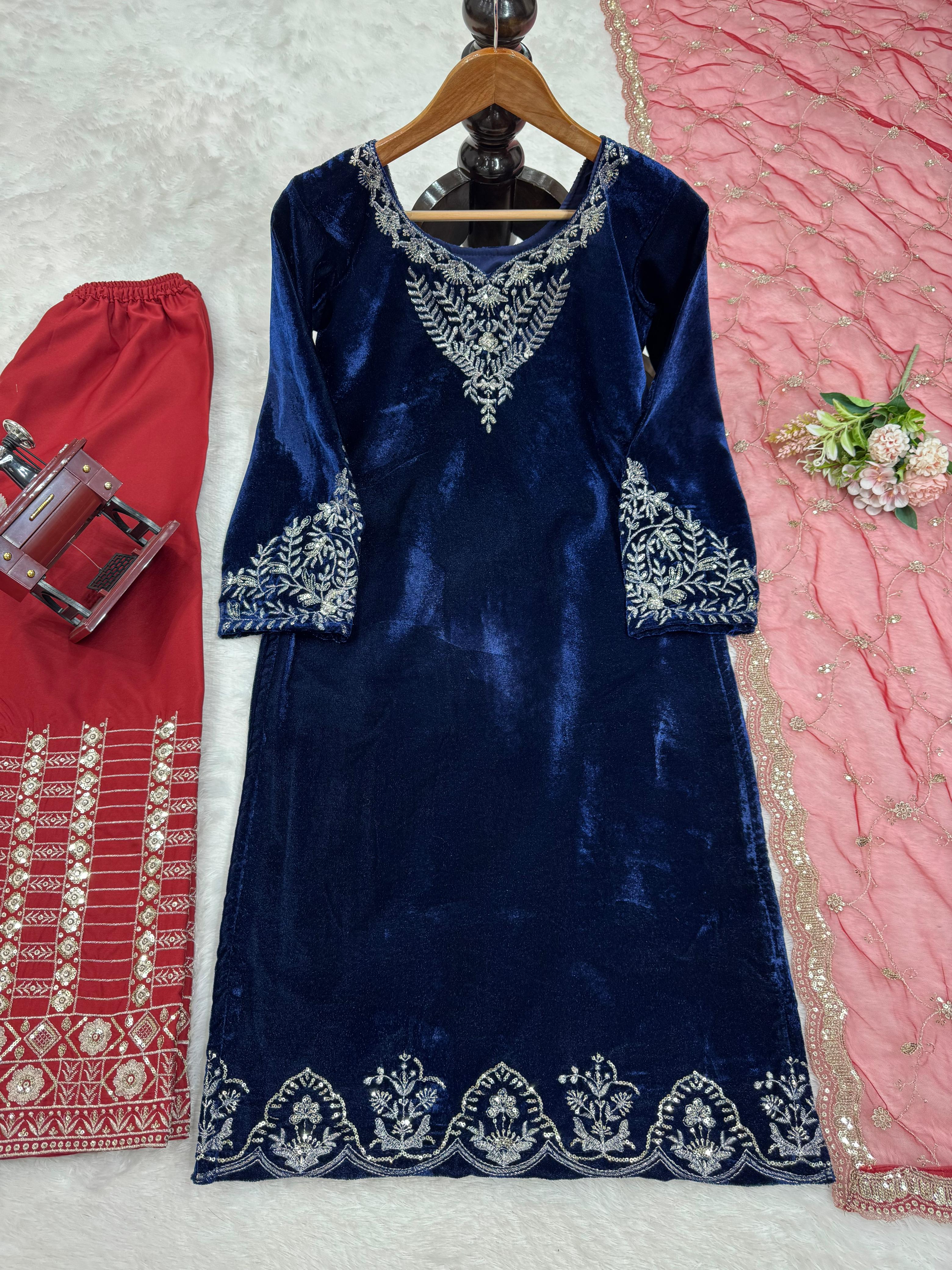 Party Wear Navy Blue Color Viscos Velvet Thread With Sequence Work Salwar Suit