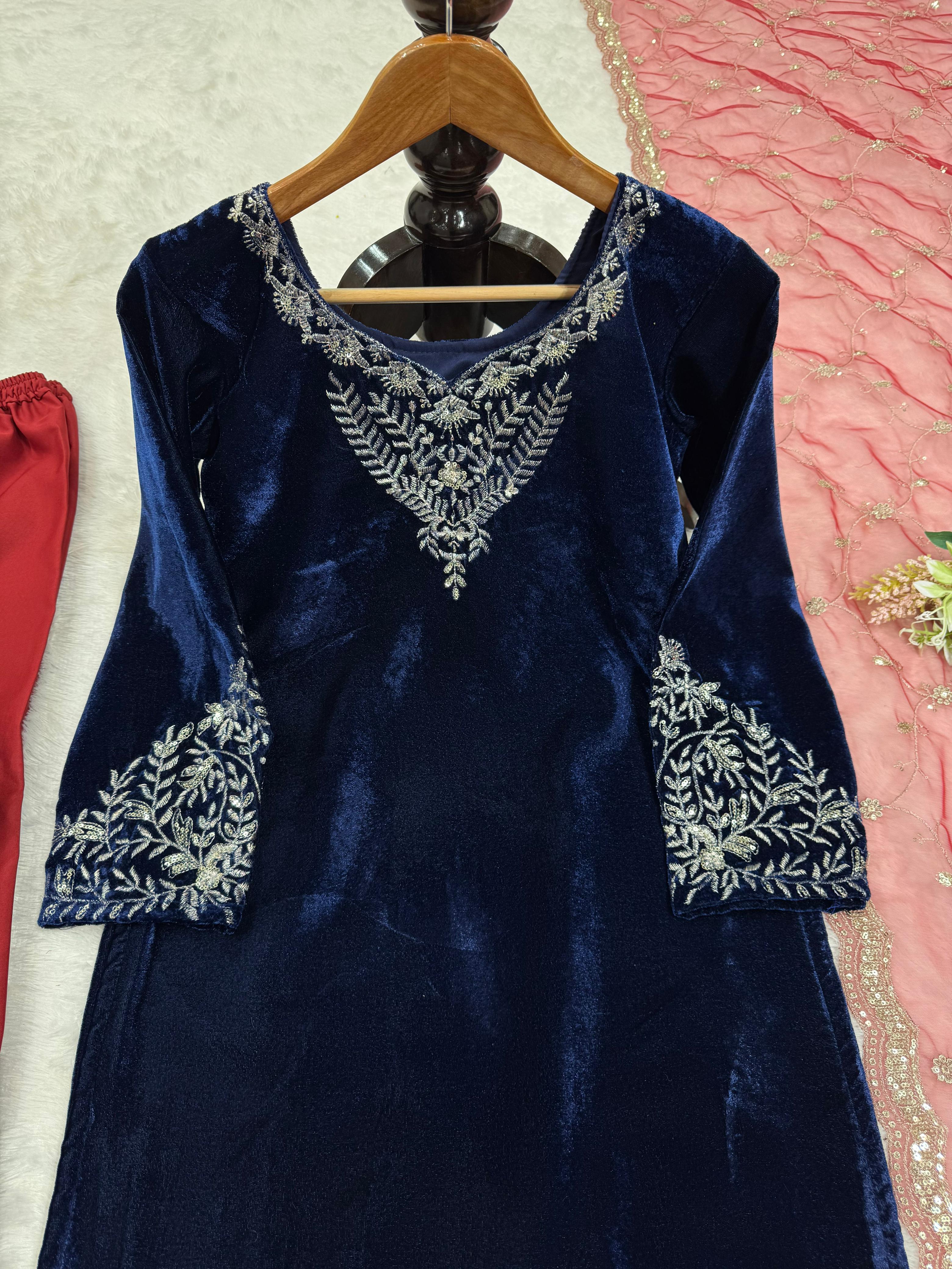 Party Wear Navy Blue Color Viscos Velvet Thread With Sequence Work Salwar Suit