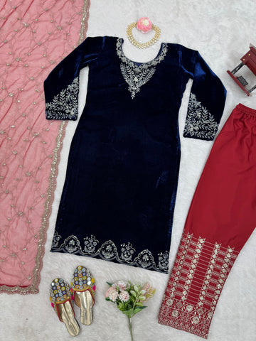 Party Wear Navy Blue Color Viscos Velvet Thread With Sequence Work Salwar Suit