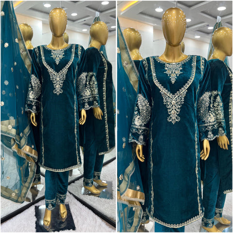 Peaceful Teal Green Color Heavy Viscose Velvet With Heavy Embroidery Sequence Work Velvet Suit