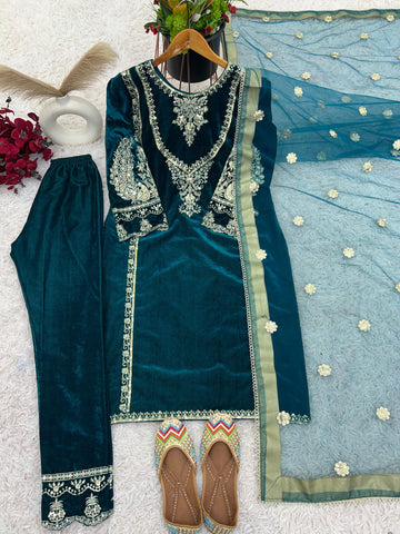 Peaceful Teal Green Color Heavy Viscose Velvet With Heavy Embroidery Sequence Work Velvet Suit