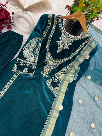 Peaceful Teal Green Color Heavy Viscose Velvet With Heavy Embroidery Sequence Work Velvet Suit