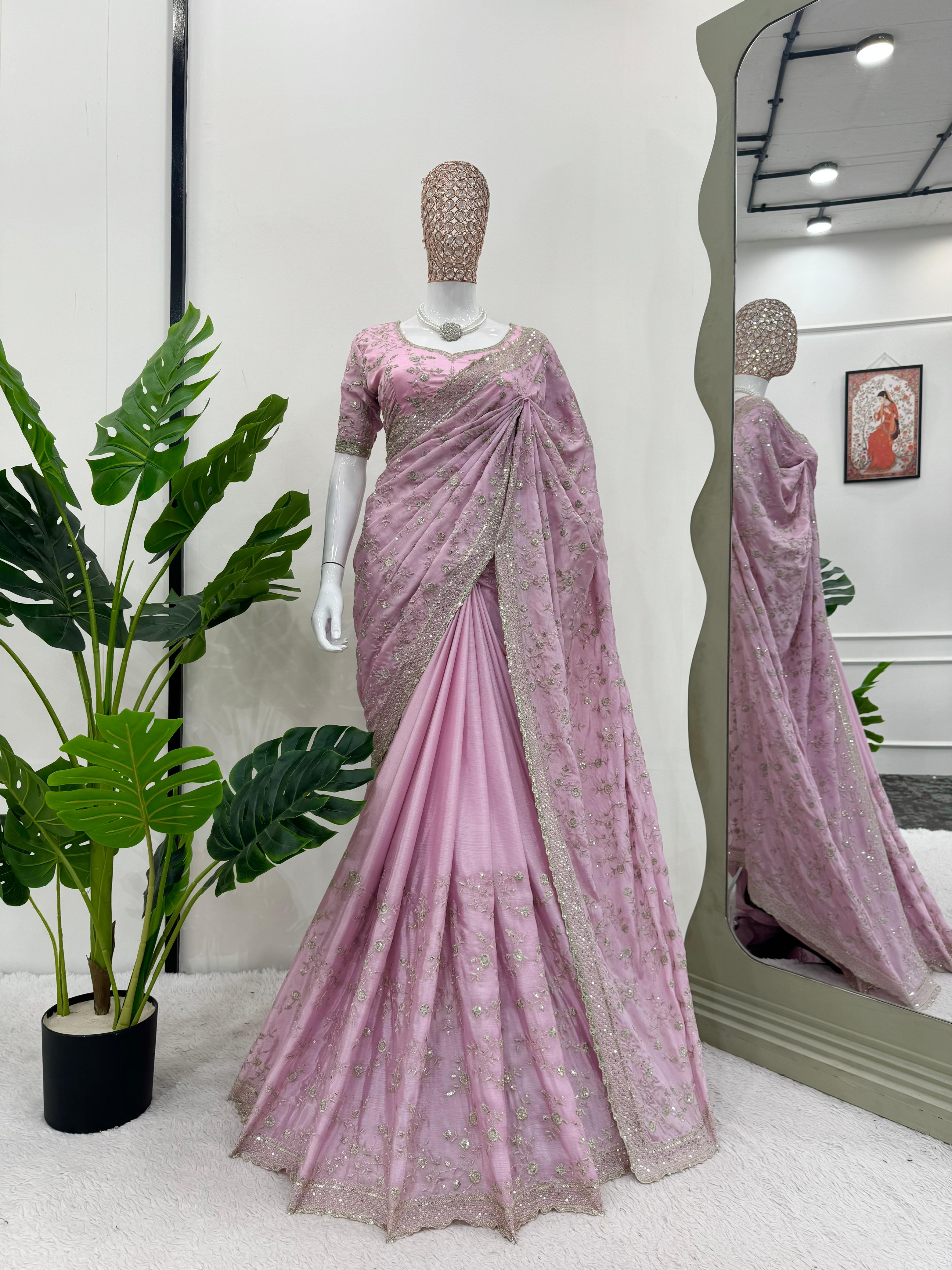 Marriage Special Light Pink Color Heavy Chinon Silk Thread And Sequence Work Designer Saree