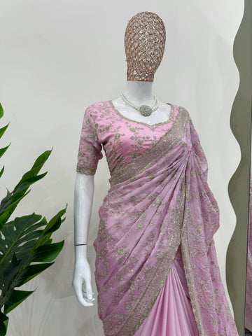 Marriage Special Light Pink Color Heavy Chinon Silk Thread And Sequence Work Designer Saree