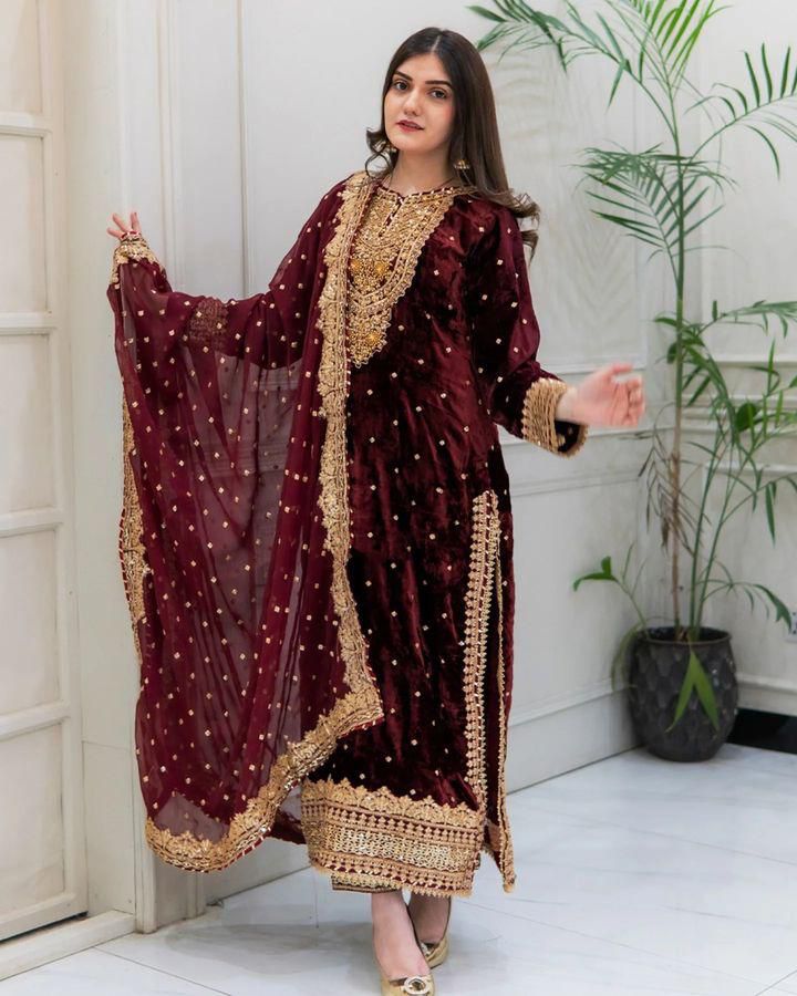 Marriage Wear Maroon Color Pure Heavy Viscose Velvet With Heavy Embroidery Sequence Work Neck Moti Work Salwar Suit