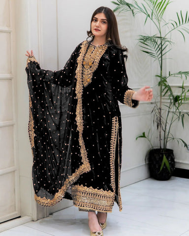 Marriage Wear Black Color Pure Heavy Viscose Velvet With Heavy Embroidery Sequence Work Neck Moti Work Salwar Suit