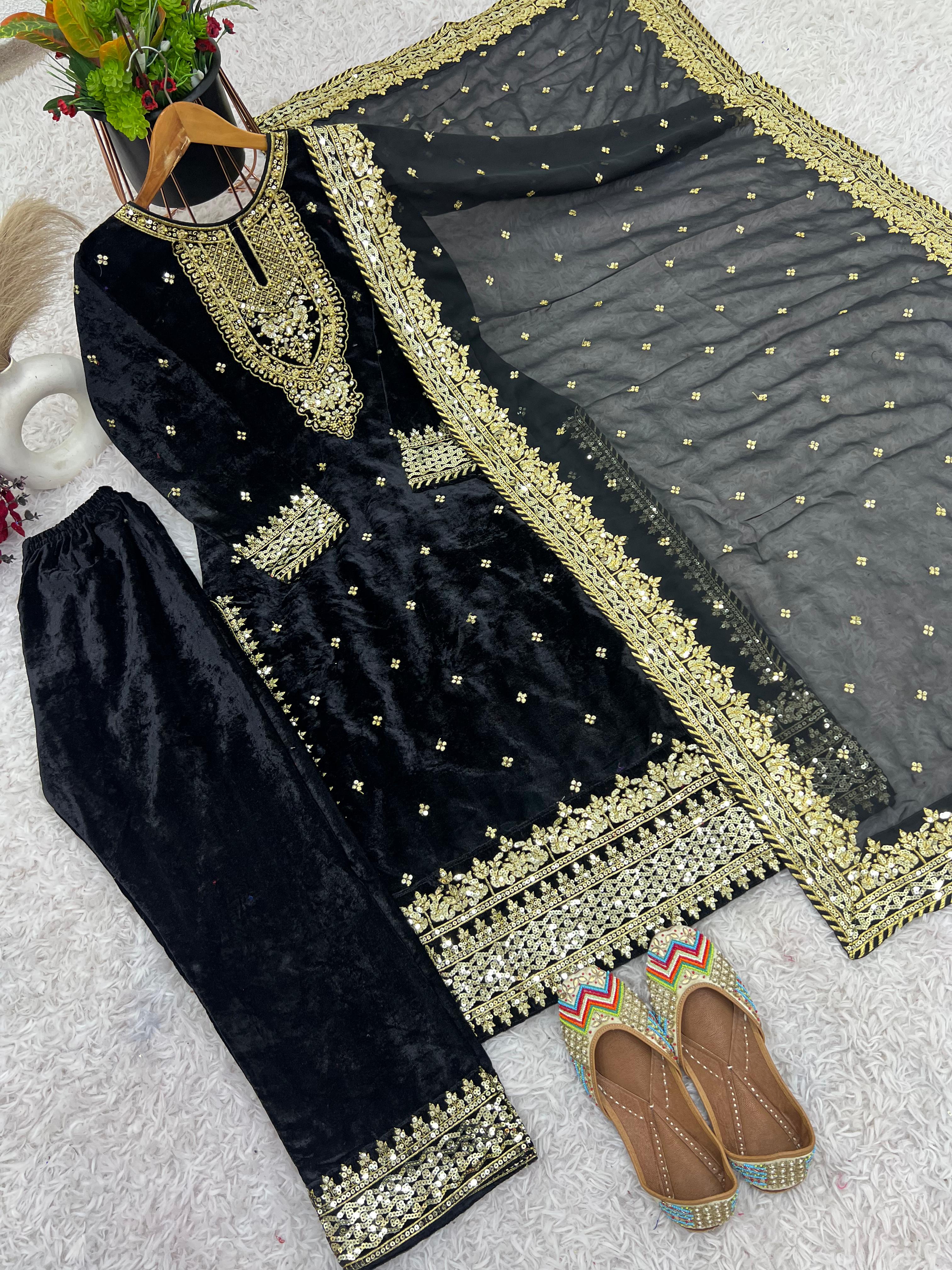 Marriage Wear Black Color Pure Heavy Viscose Velvet With Heavy Embroidery Sequence Work Neck Moti Work Salwar Suit