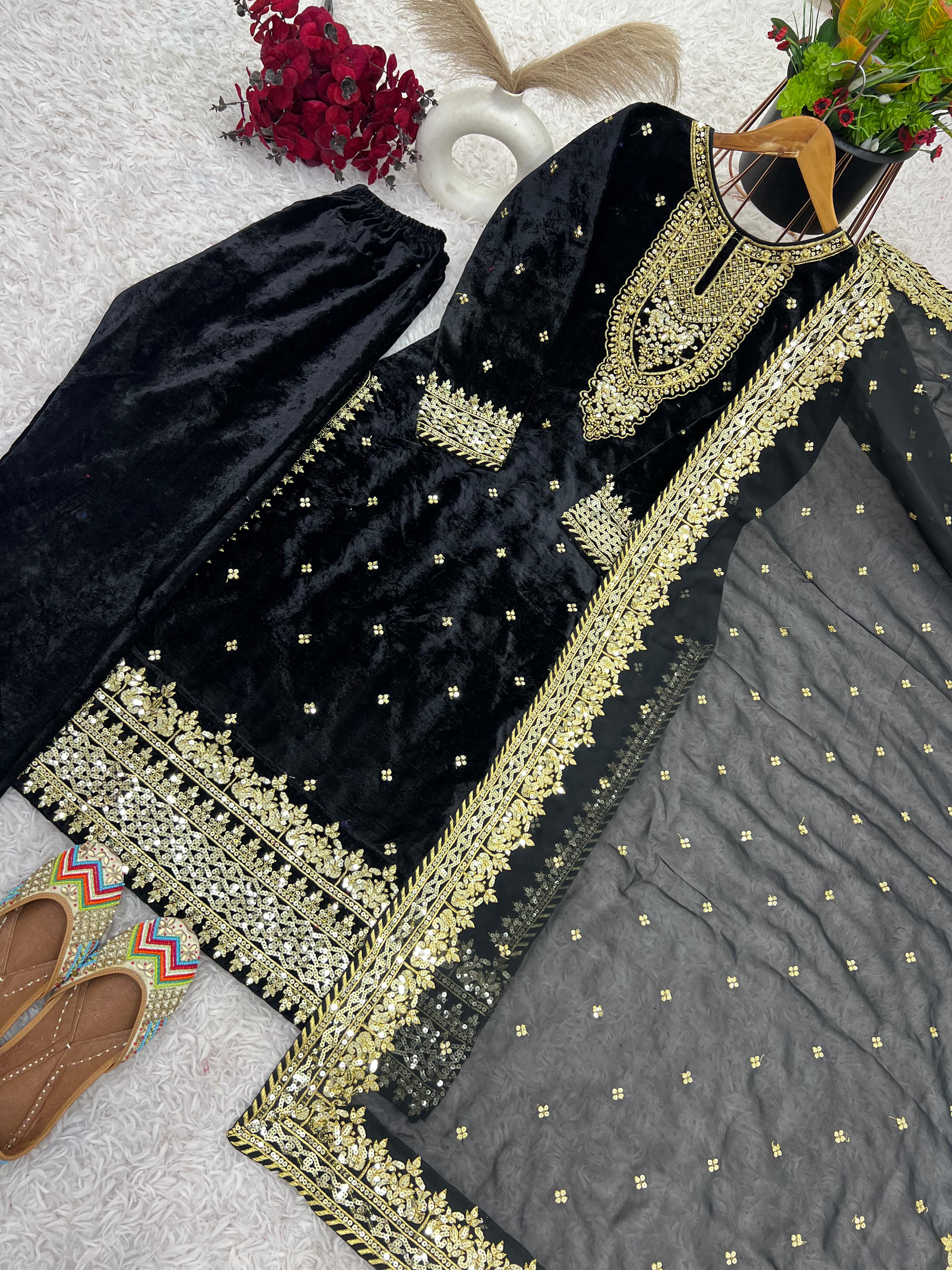 Marriage Wear Black Color Pure Heavy Viscose Velvet With Heavy Embroidery Sequence Work Neck Moti Work Salwar Suit