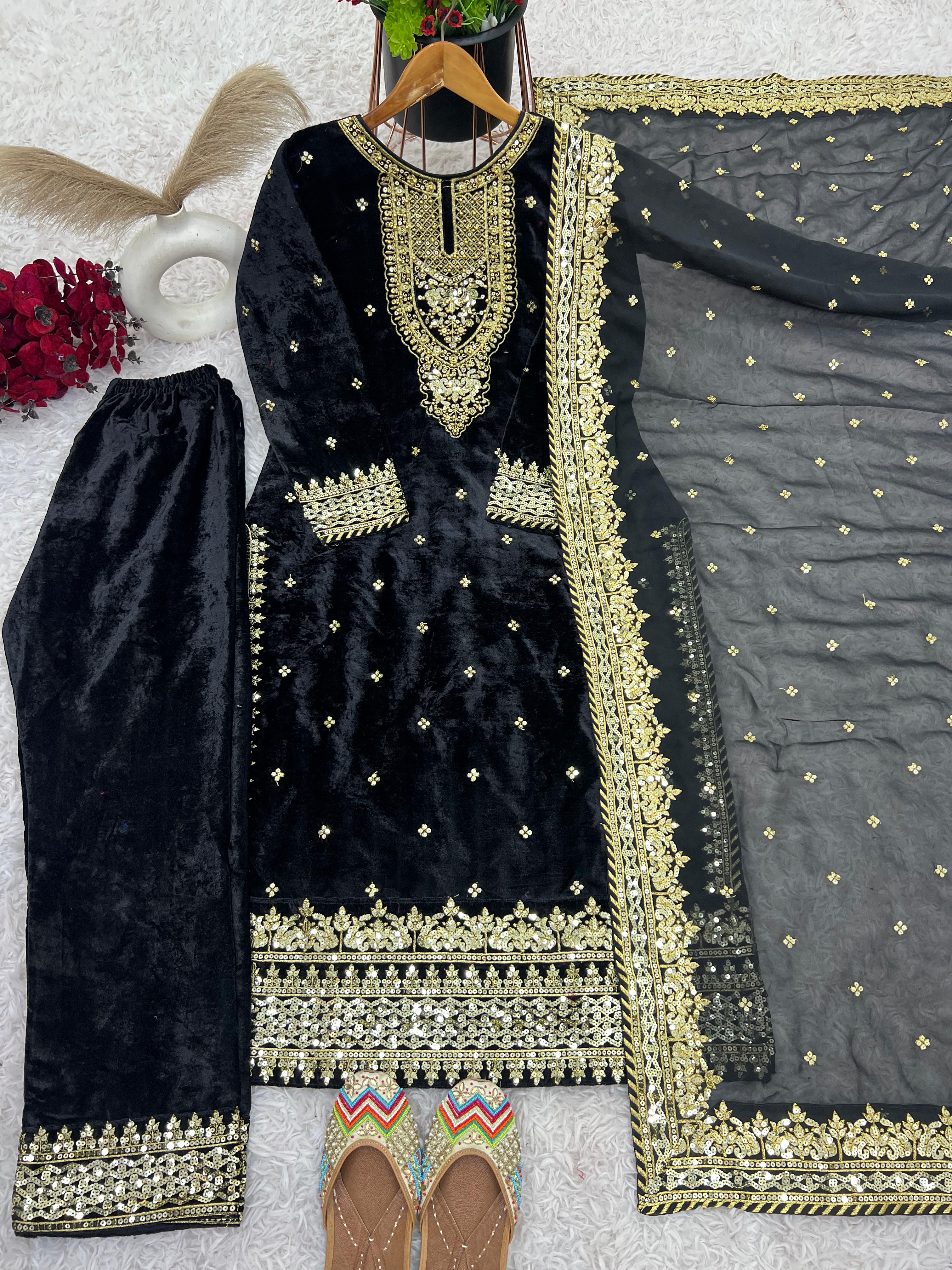 Marriage Wear Black Color Pure Heavy Viscose Velvet With Heavy Embroidery Sequence Work Neck Moti Work Salwar Suit