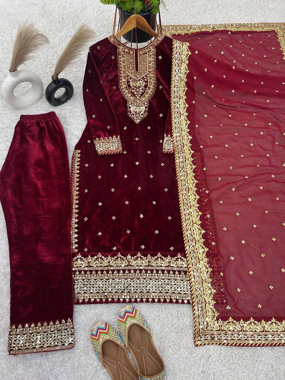 Marriage Wear Maroon Color Pure Heavy Viscose Velvet With Heavy Embroidery Sequence Work Neck Moti Work Salwar Suit