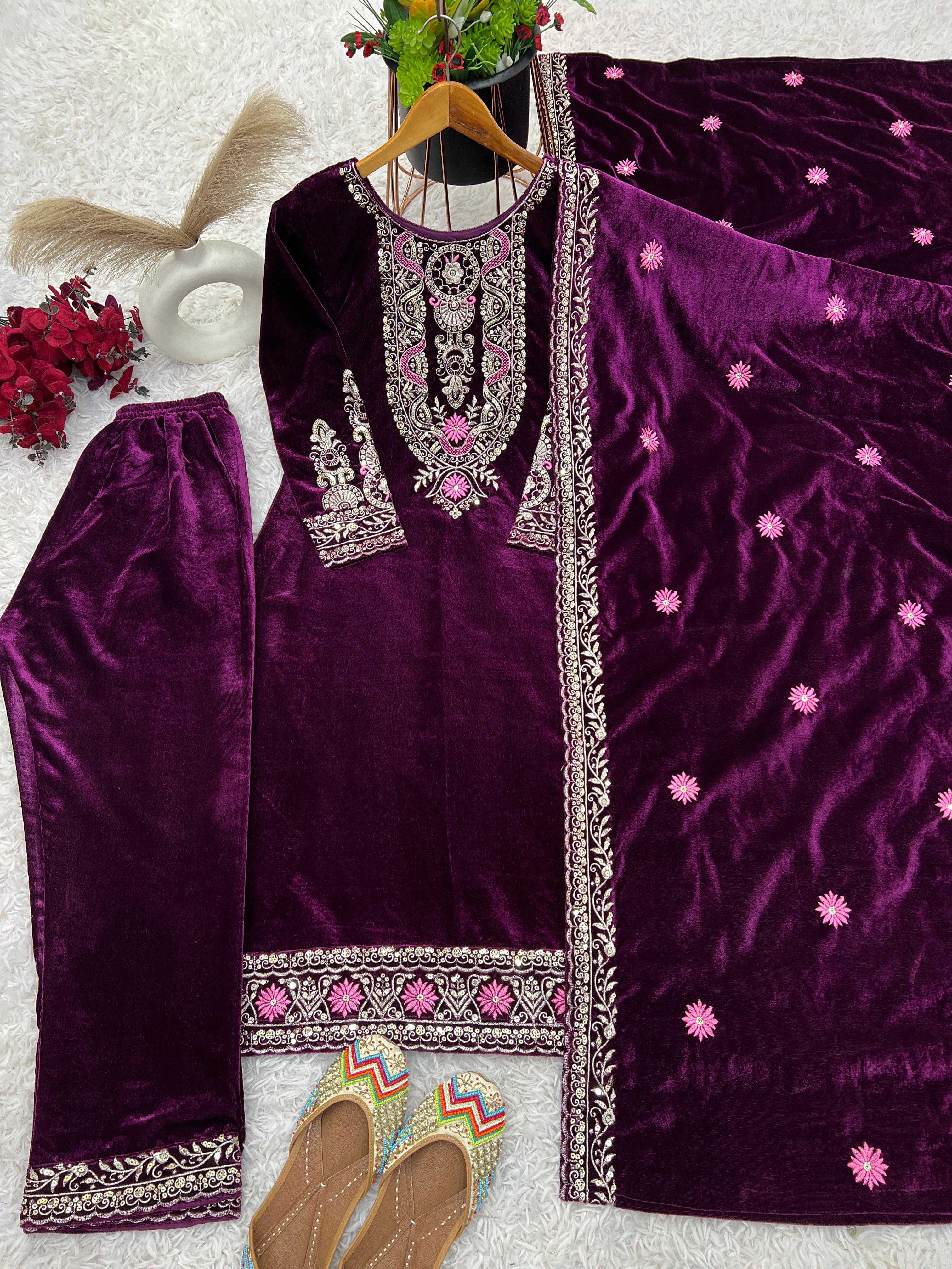 Luxury Purple Color Heavy Viscose Velvet With Heavy Embroidery Sequence Work Velvet Salwar Suit