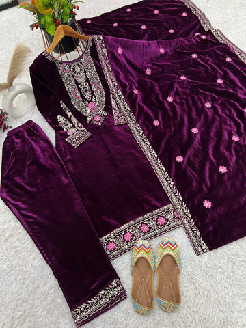 Luxury Purple Color Heavy Viscose Velvet With Heavy Embroidery Sequence Work Velvet Salwar Suit