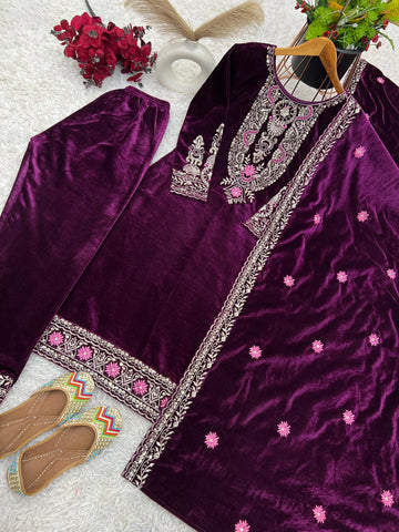 Luxury Purple Color Heavy Viscose Velvet With Heavy Embroidery Sequence Work Velvet Salwar Suit