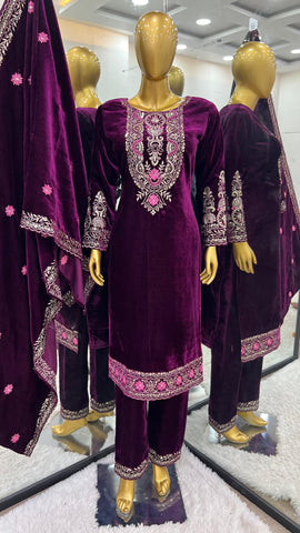 Luxury Purple Color Heavy Viscose Velvet With Heavy Embroidery Sequence Work Velvet Salwar Suit