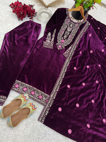 Luxury Purple Color Heavy Viscose Velvet With Heavy Embroidery Sequence Work Velvet Salwar Suit