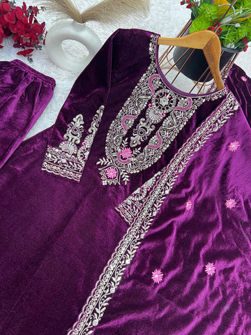 Luxury Purple Color Heavy Viscose Velvet With Heavy Embroidery Sequence Work Velvet Salwar Suit