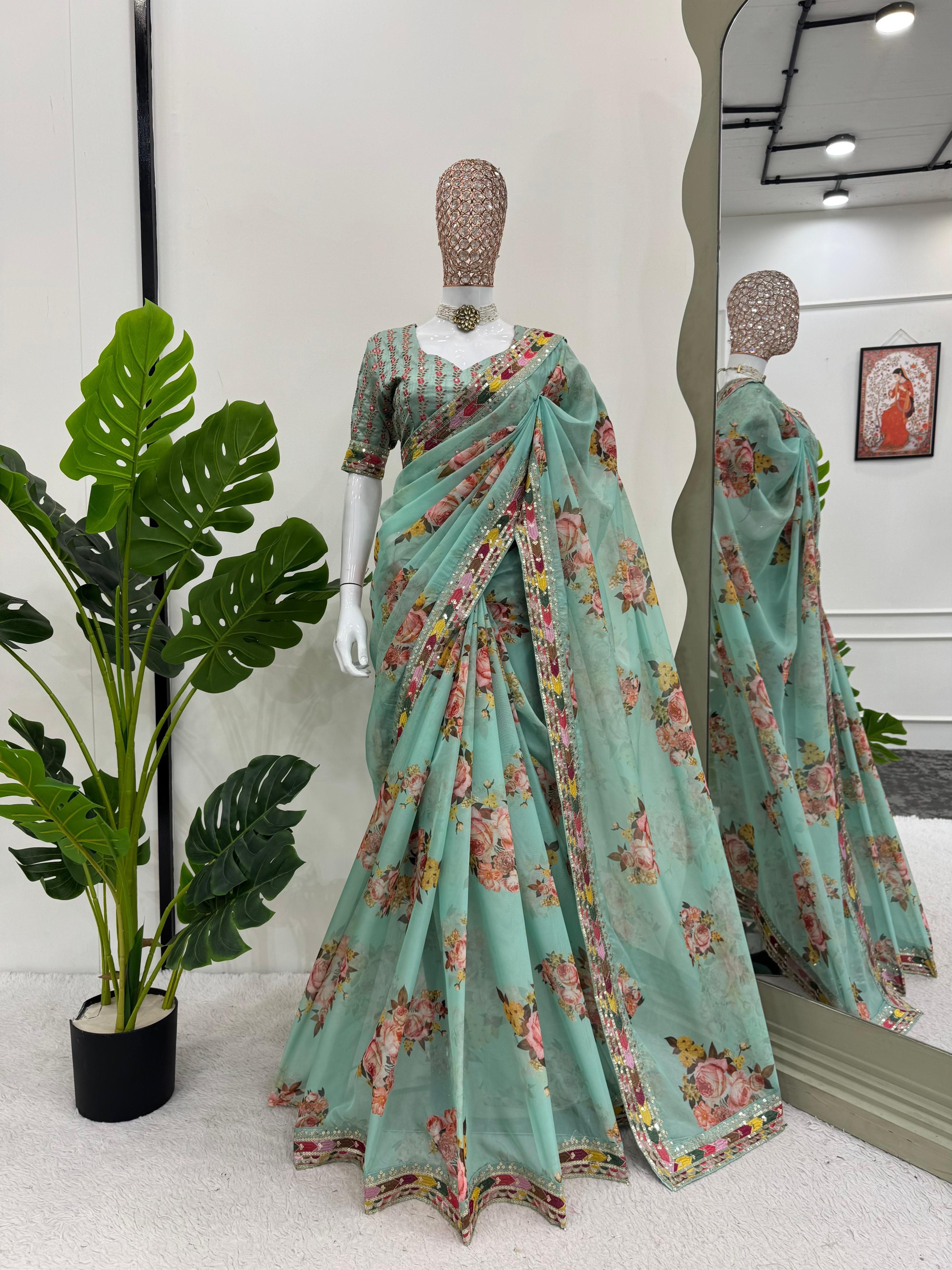 Occasion Wear Pista Green Color Tibby Silk Thread And Sequence Work Designer Saree