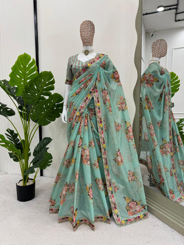 Occasion Wear Pista Green Color Tibby Silk Thread And Sequence Work Designer Saree