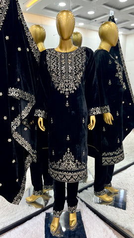 Wedding Wear Navy Blue Color Heavy Viscose Velvet With Heavy Embroidery Sequence Work Beautiful Velvet Suit