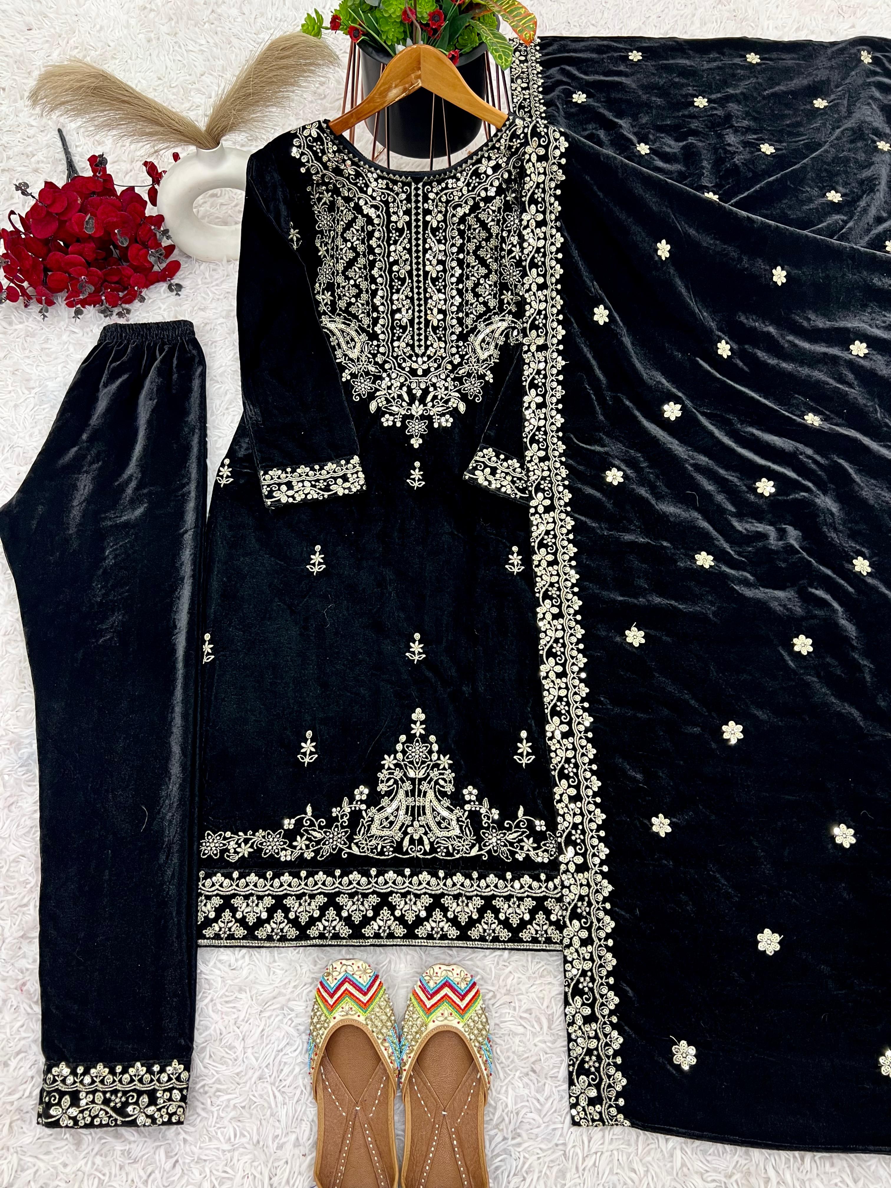 Wedding Wear Navy Blue Color Heavy Viscose Velvet With Heavy Embroidery Sequence Work Beautiful Velvet Suit