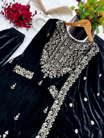 Wedding Wear Navy Blue Color Heavy Viscose Velvet With Heavy Embroidery Sequence Work Beautiful Velvet Suit