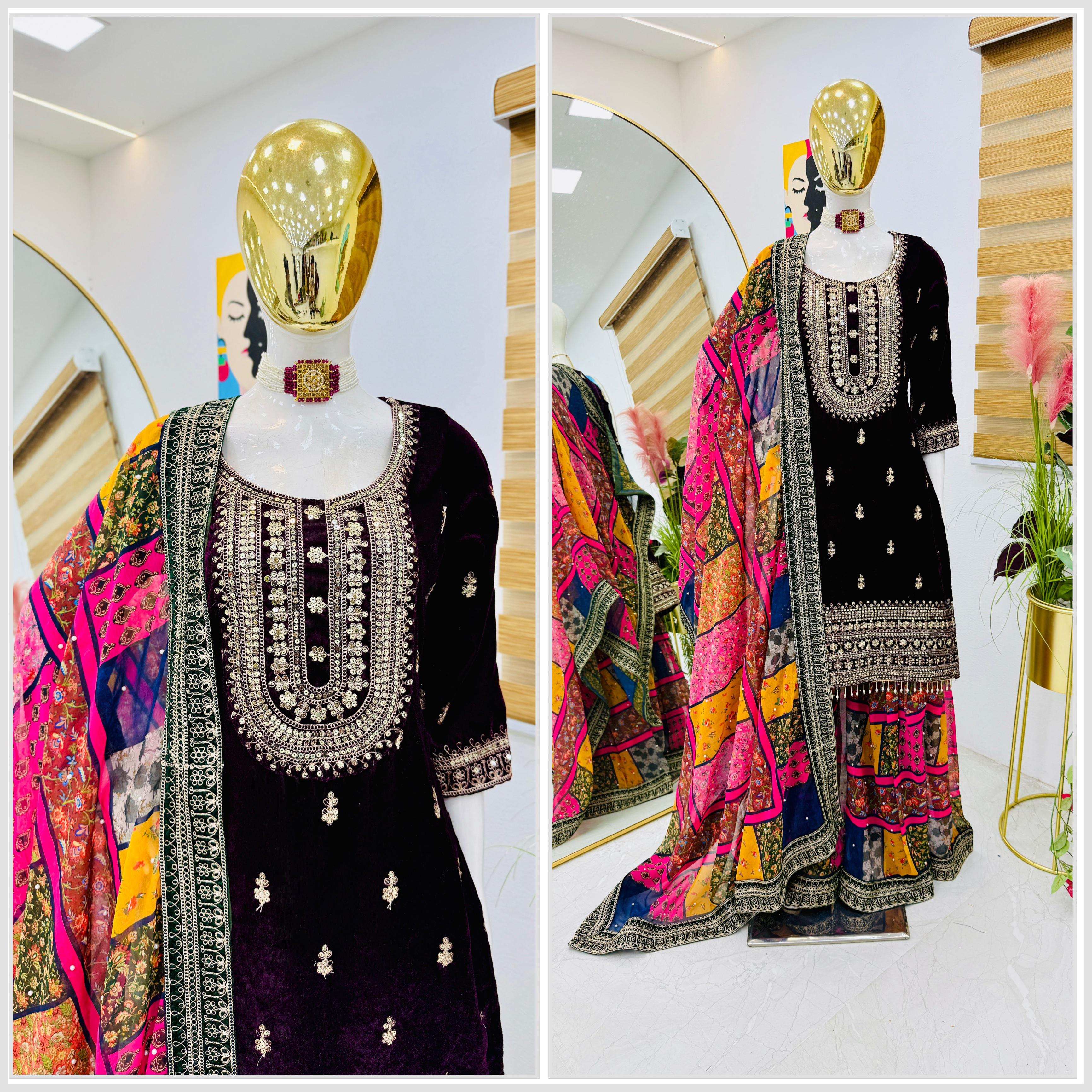 Engagement Wear Black Color Velvet With Embroidery Codding Sequence Work Velvet Sharara Suit