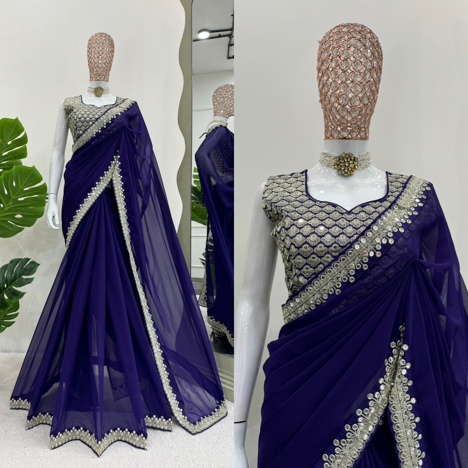 Reception Wear Royal Blue Color Heavy Georgette Thread 9mm Sequence Designer Saree