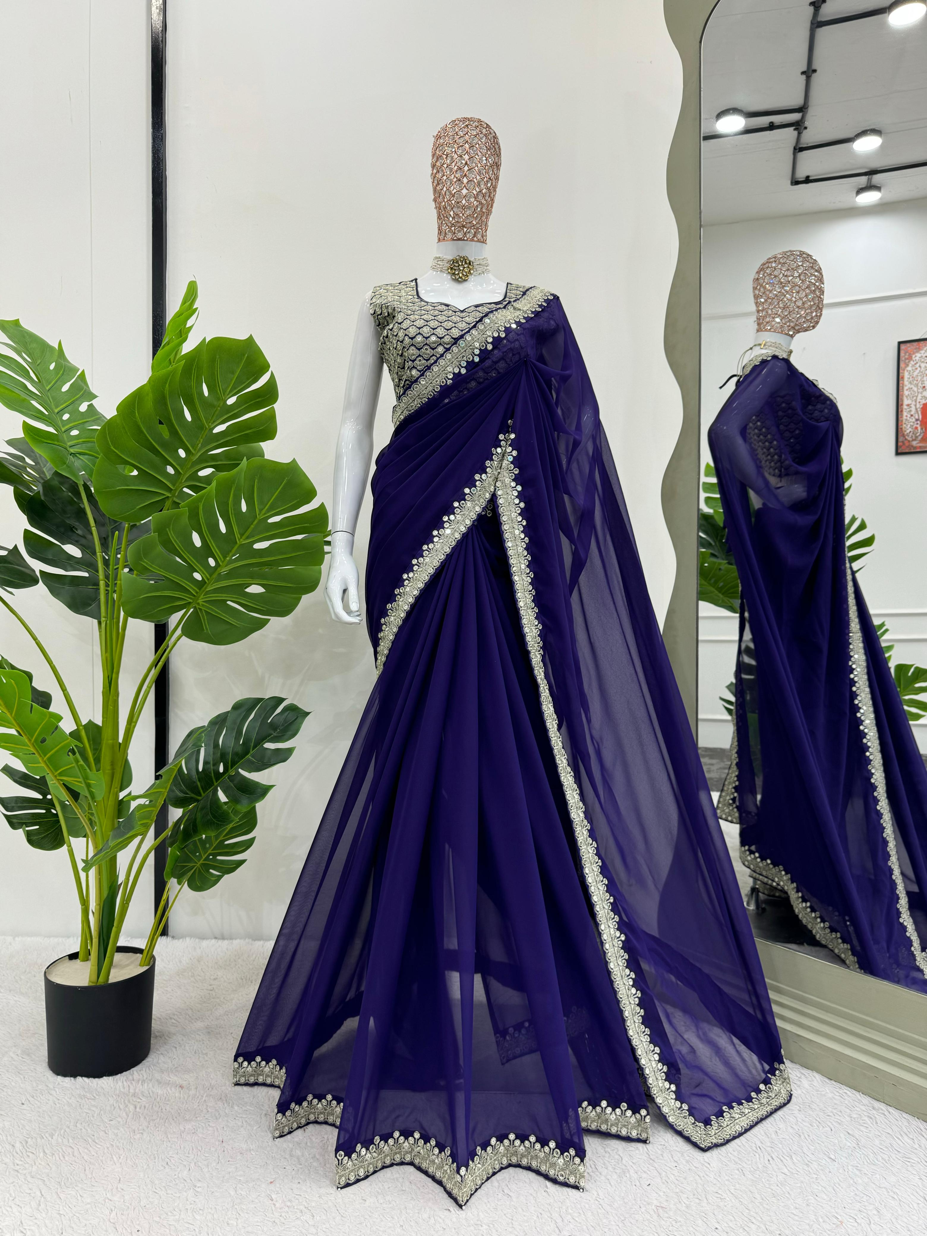 Reception Wear Royal Blue Color Heavy Georgette Thread 9mm Sequence Designer Saree