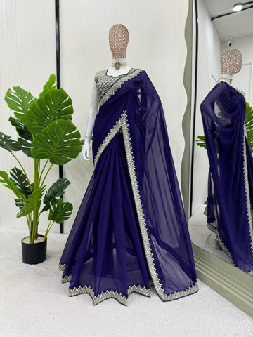 Reception Wear Royal Blue Color Heavy Georgette Thread 9mm Sequence Designer Saree