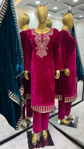 Luxuriant Pink Color Heavy Viscose Velvet With Heavy Embroidery Sequence Work Designer Velvet Suit