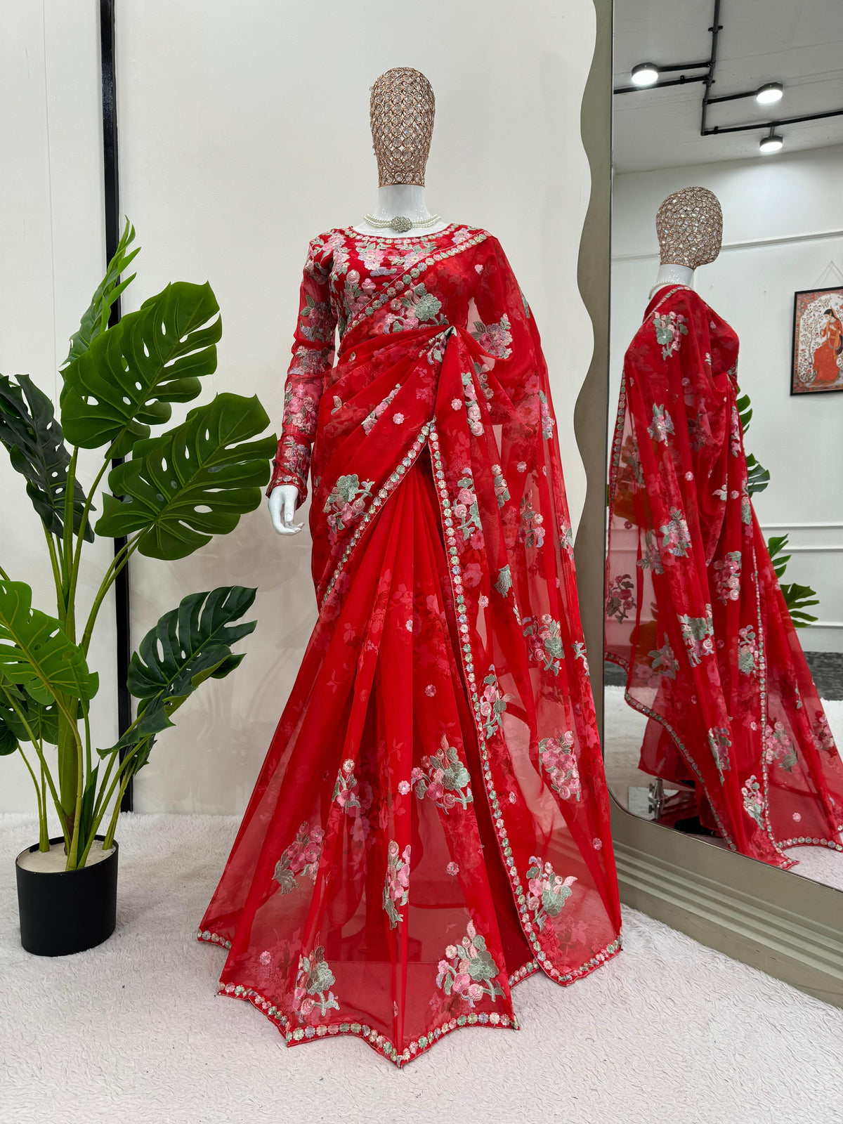 Presenting Red Color Flower Printed Heavy Georgette Thread And Sequence Work With Digital Printed Saree