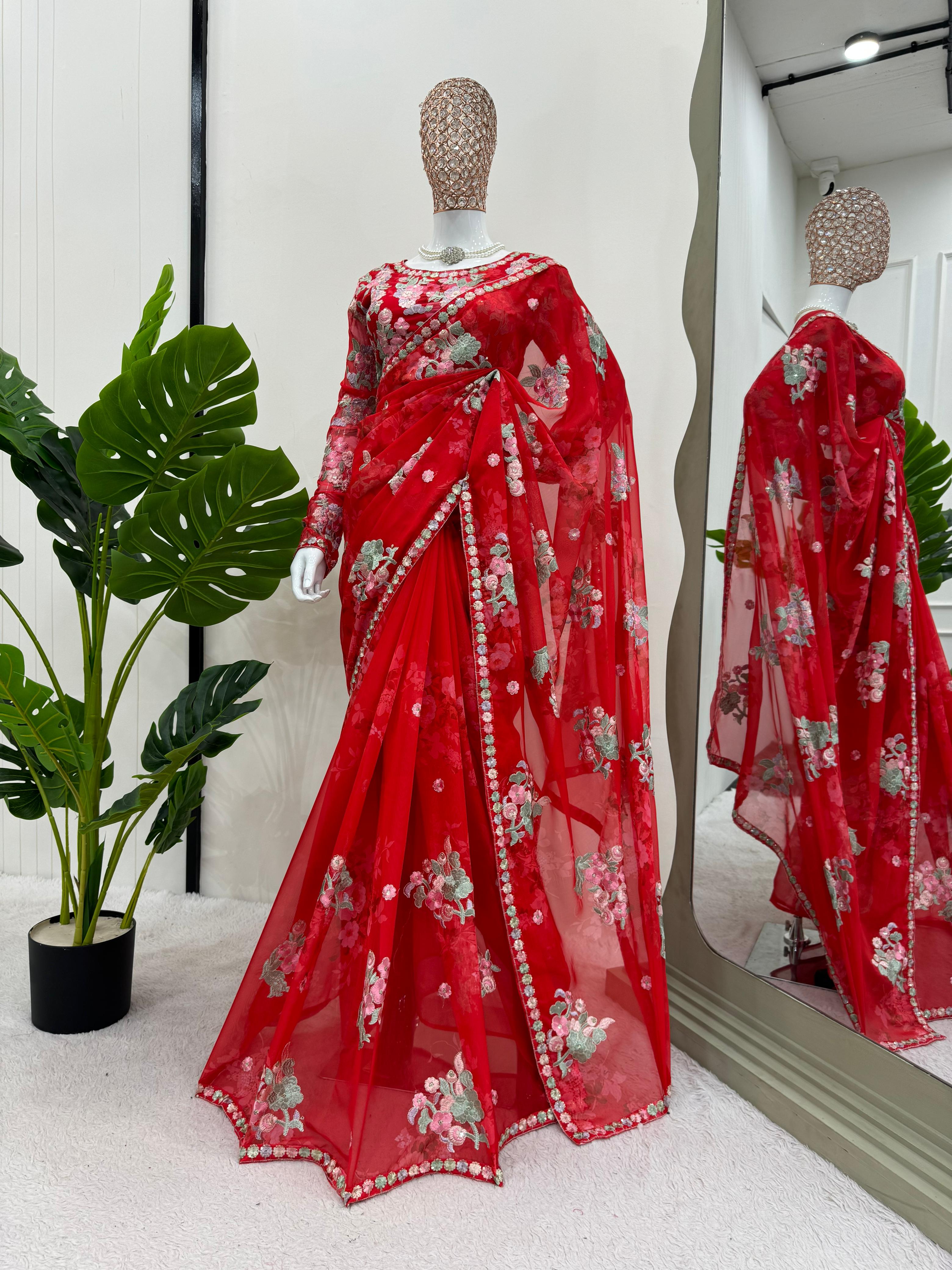 Presenting Red Color Flower Printed Heavy Georgette Thread And Sequence Work With Digital Printed Saree