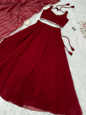 Reception Wear Maroon Color Pure Georgette With 8 Meter Flair Beautiful Lehenga Choli