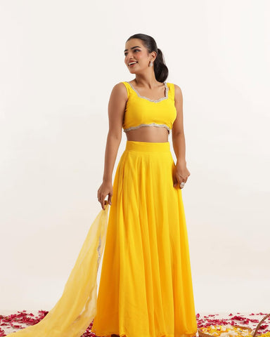 Haldi Special Yellow Color Pure Georgette With 8 Meter Flair Beautiful Lehenga Choli