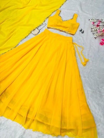 Haldi Special Yellow Color Pure Georgette With 8 Meter Flair Beautiful Lehenga Choli