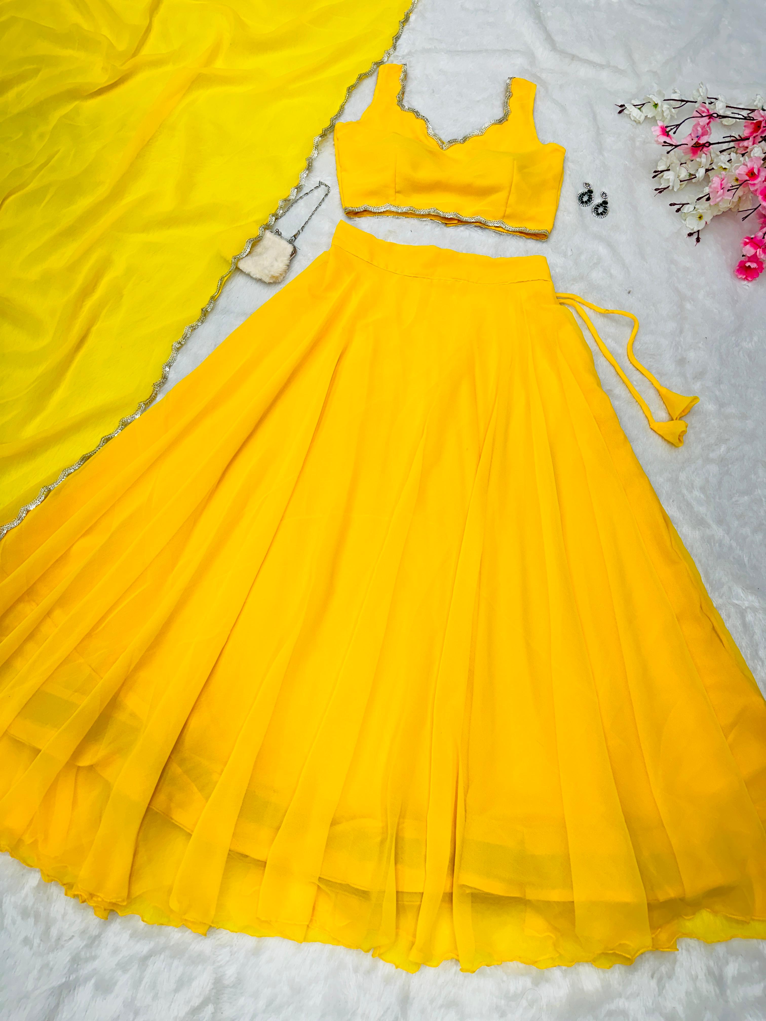 Haldi Special Yellow Color Pure Georgette With 8 Meter Flair Beautiful Lehenga Choli