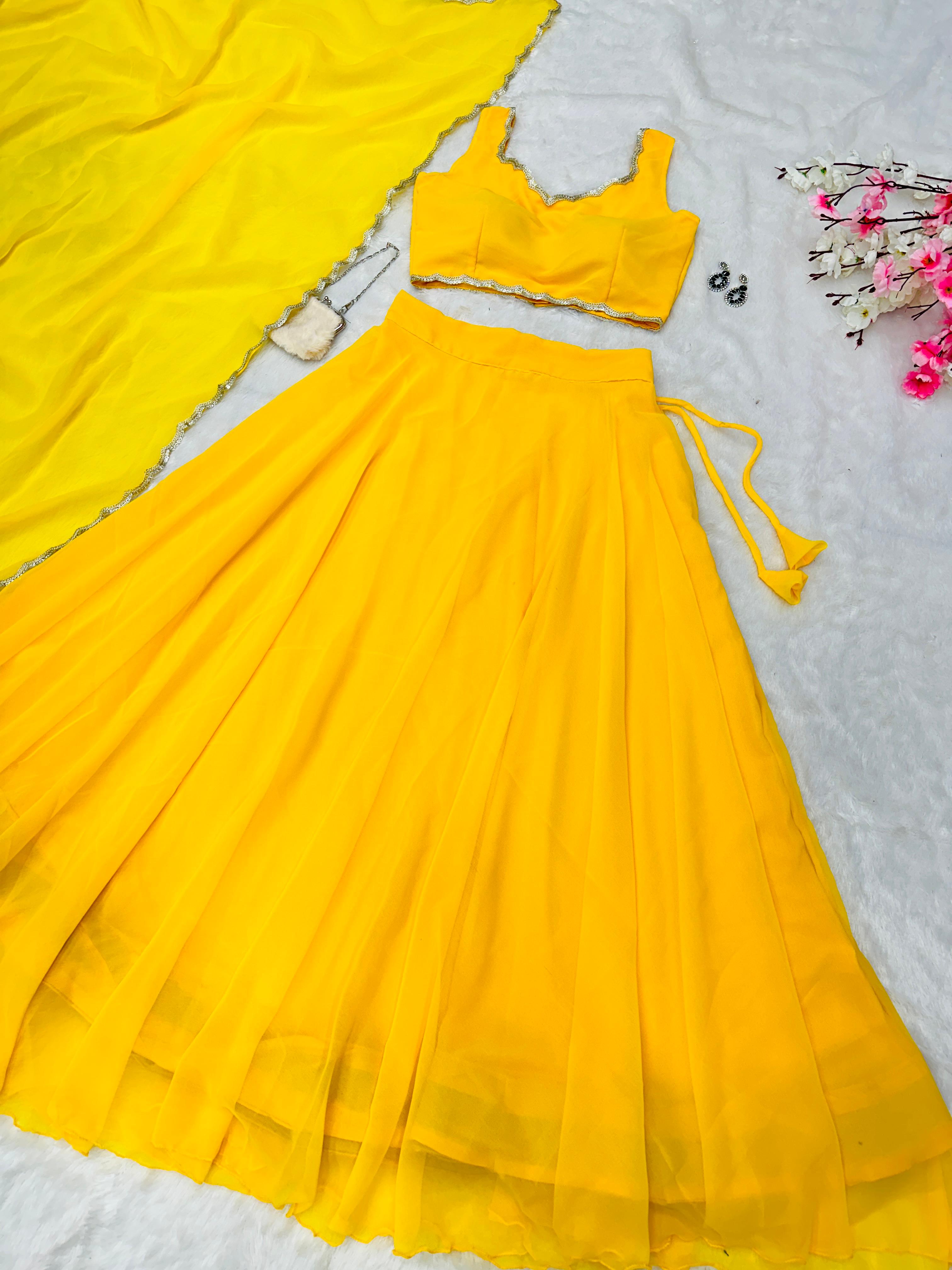 Haldi Special Yellow Color Pure Georgette With 8 Meter Flair Beautiful Lehenga Choli